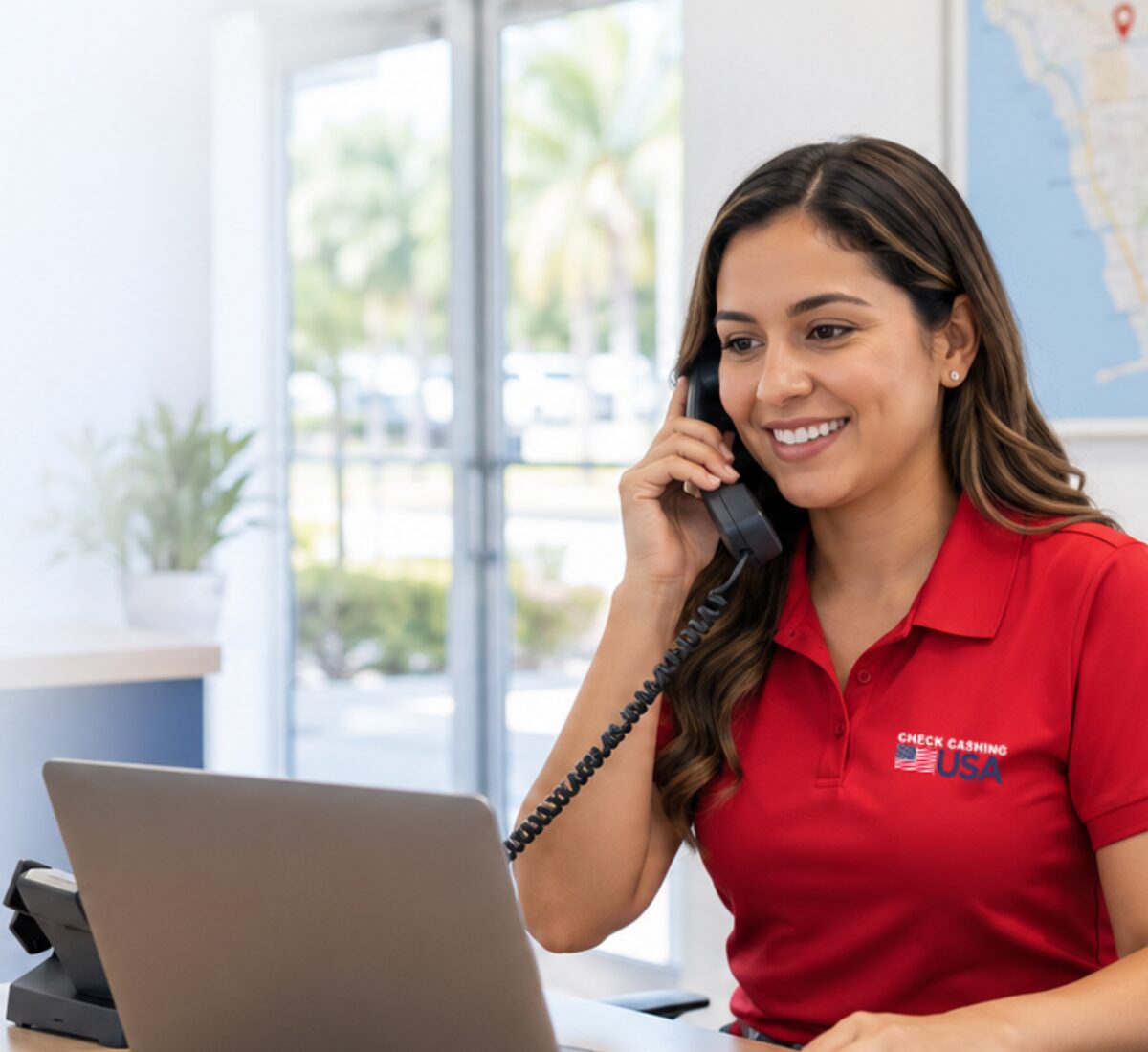 Yon asosye Check Cashing USA k ap reponn apèl yon kliyan nan biwo devan an