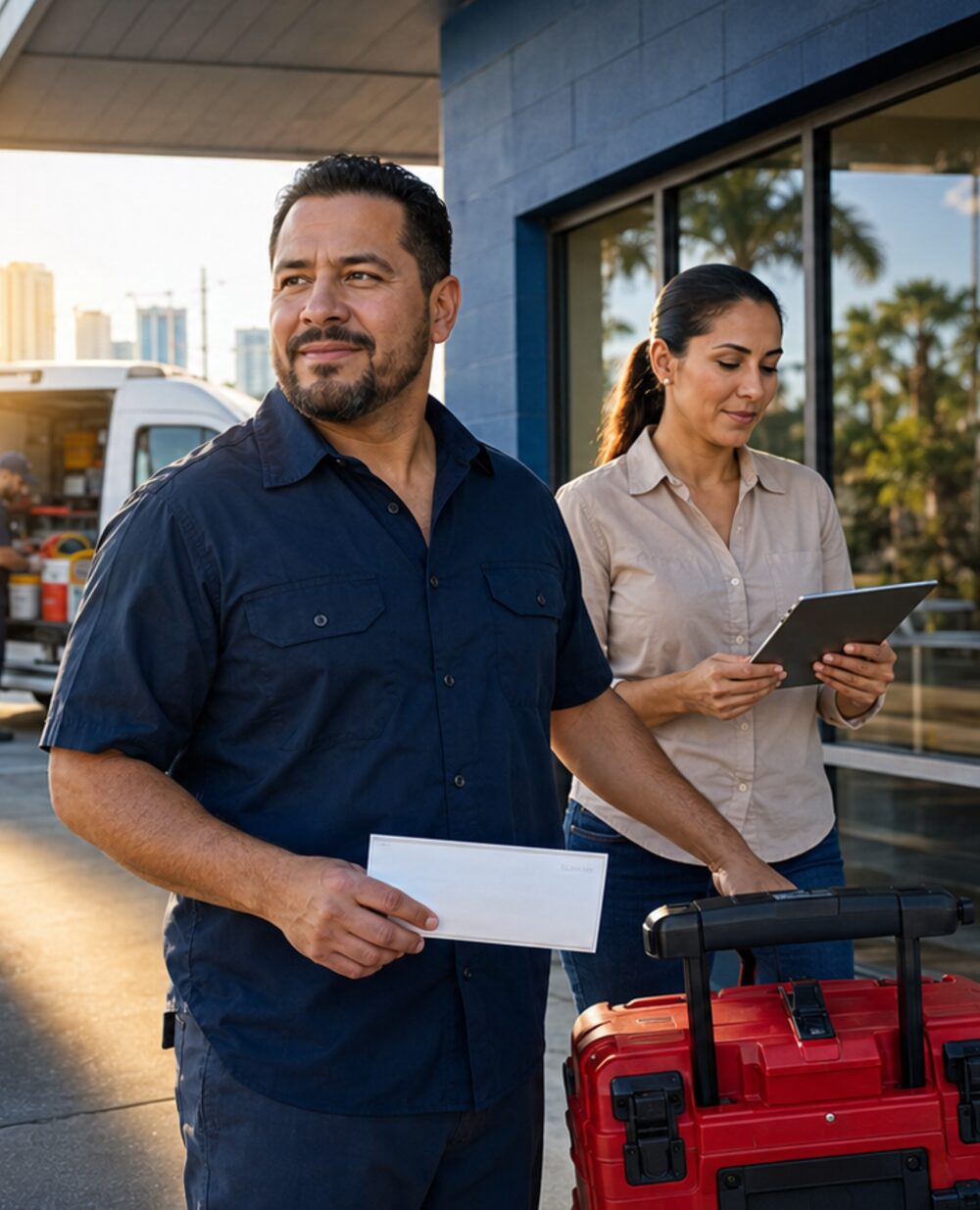 Un dueño de negocio con un cheque corporativo afuera de una sucursal de Check Cashing USA