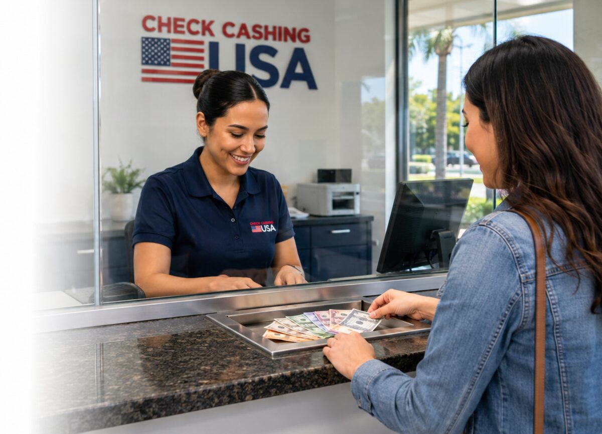 Una clienta vendiendo moneda extranjera a una asociada de Check Cashing USA