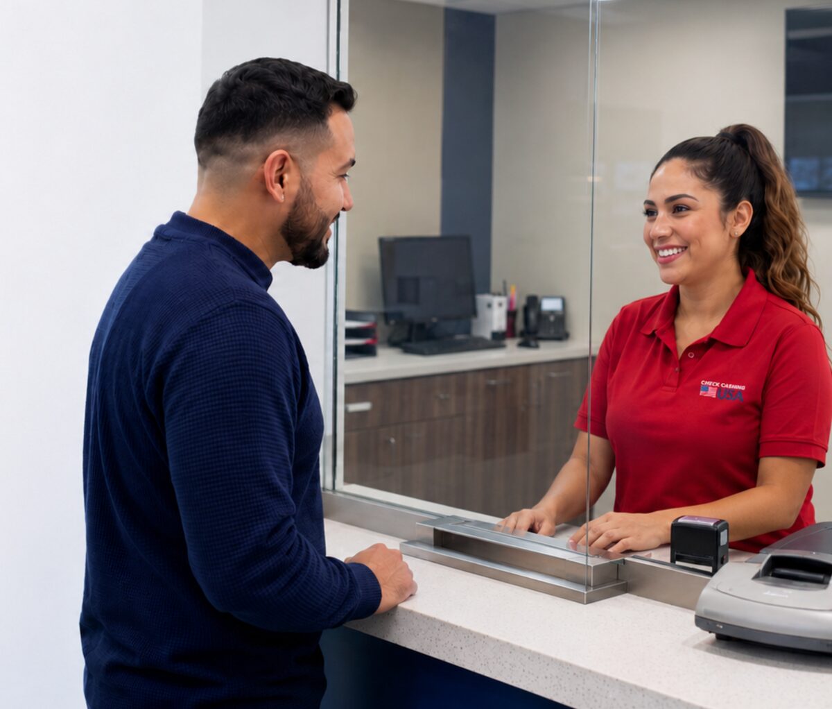 Un asociado de Check Cashing USA atendiendo a un cliente en el mostrador